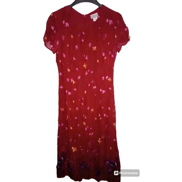 Coldwater Creek Maxi Dress Red Floral 100% Rayon Sheer Cap Sleeves Size 10 - Picture 1 of 5